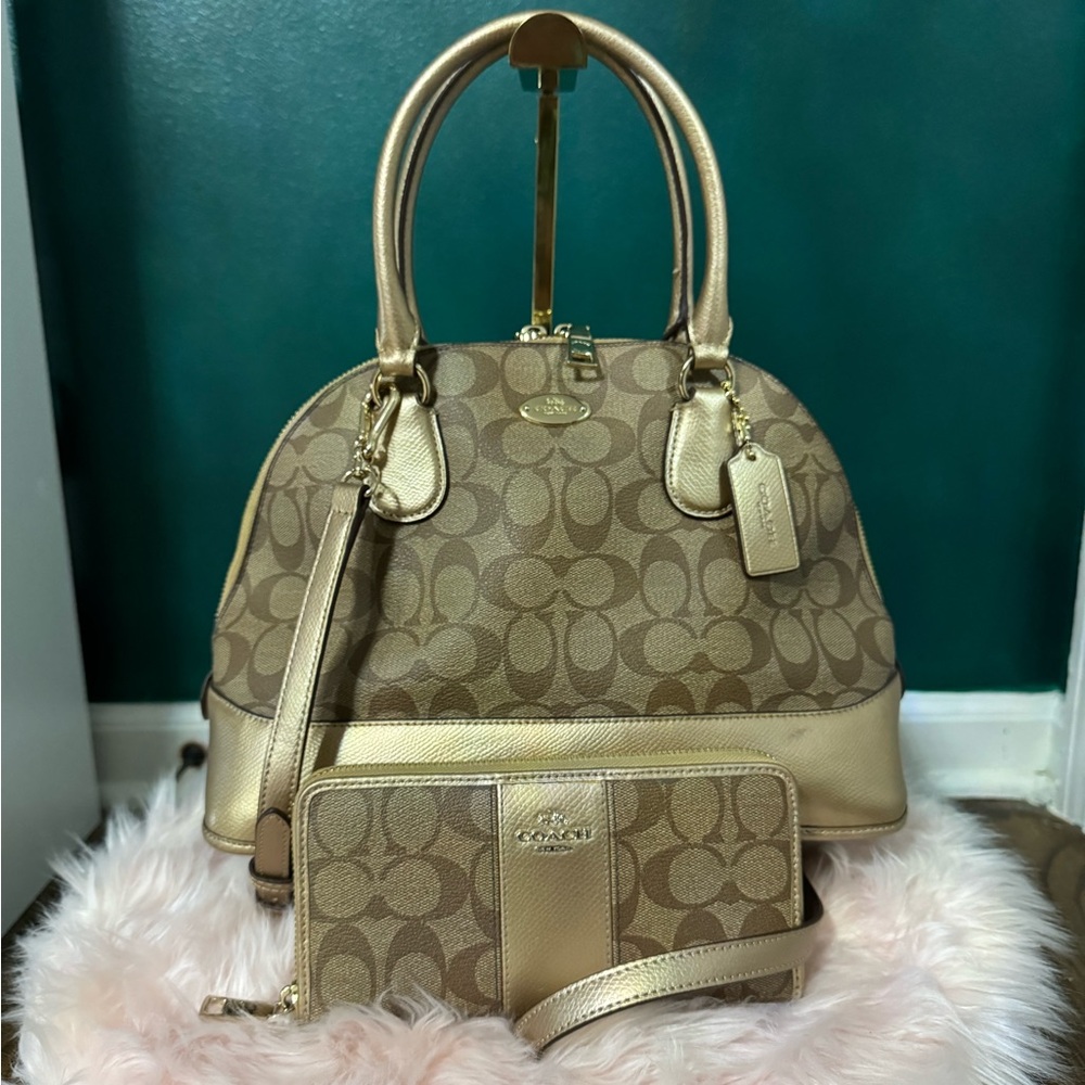 Coach Peyton, Signature Monogram, Domed Satchel w/ Wallet (Purse) (Handbag)